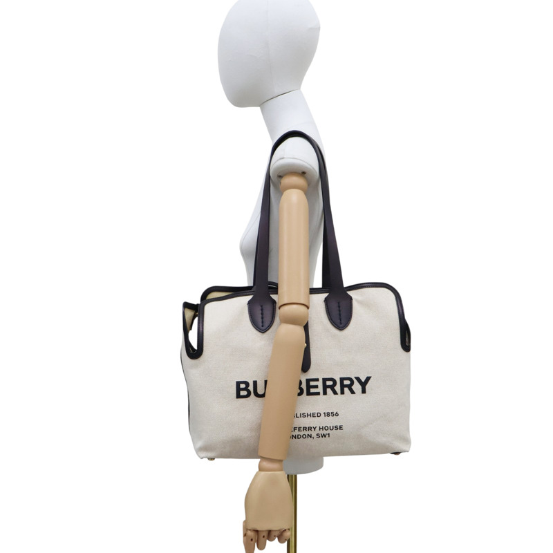 白色帆布 棕色皮革 飾邊 托特包【BURBERRY 巴寶莉】 8010341-7