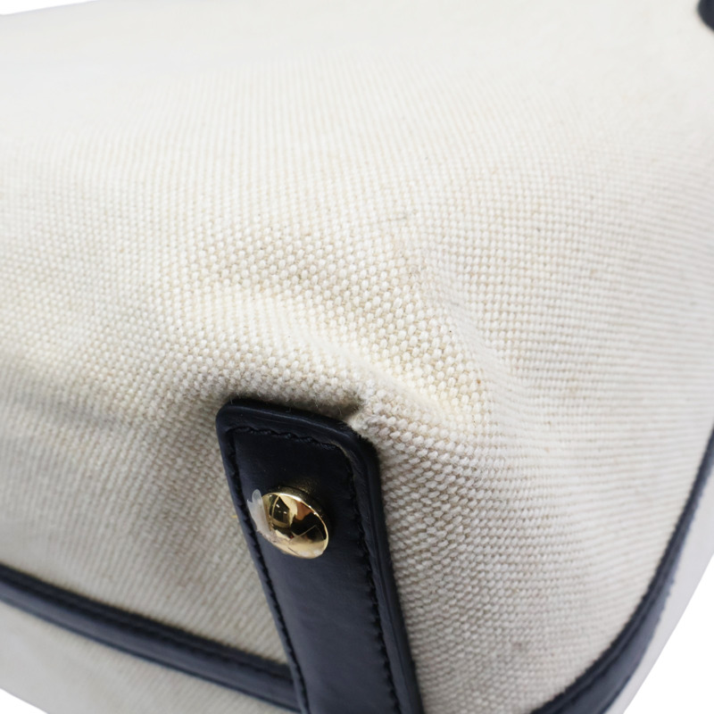 白色帆布 棕色皮革 飾邊 托特包【BURBERRY 巴寶莉】 8010341-11