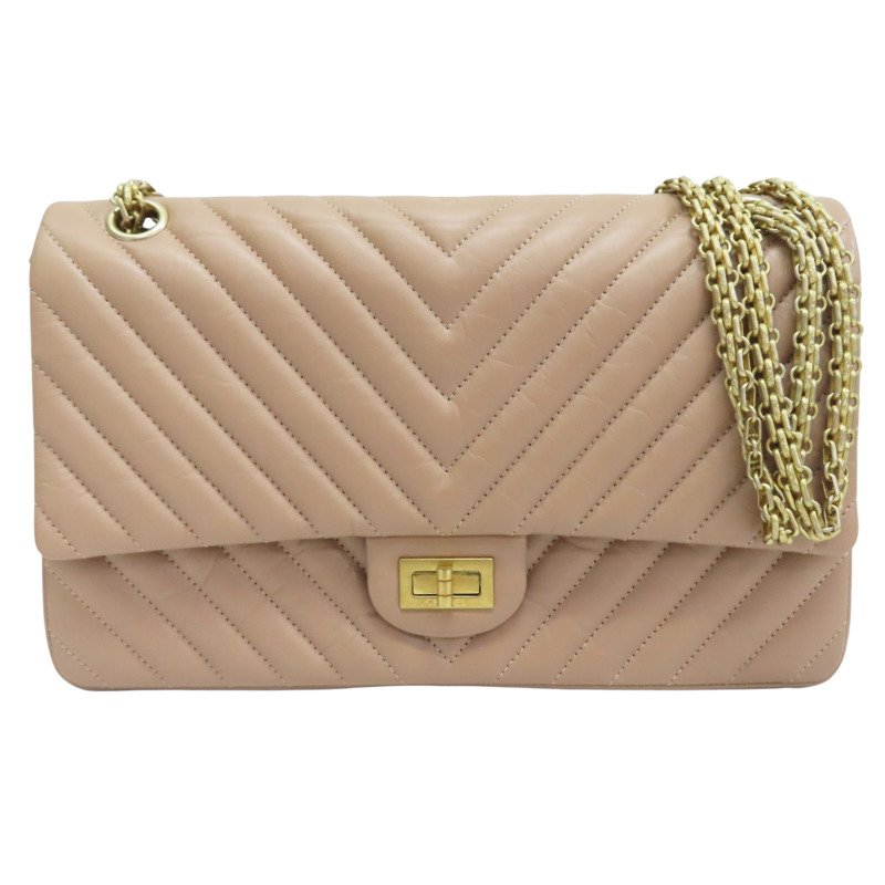 膚色 牛皮 2.55 口蓋包 金釦【CHANEL 香奈兒】 A37587-0