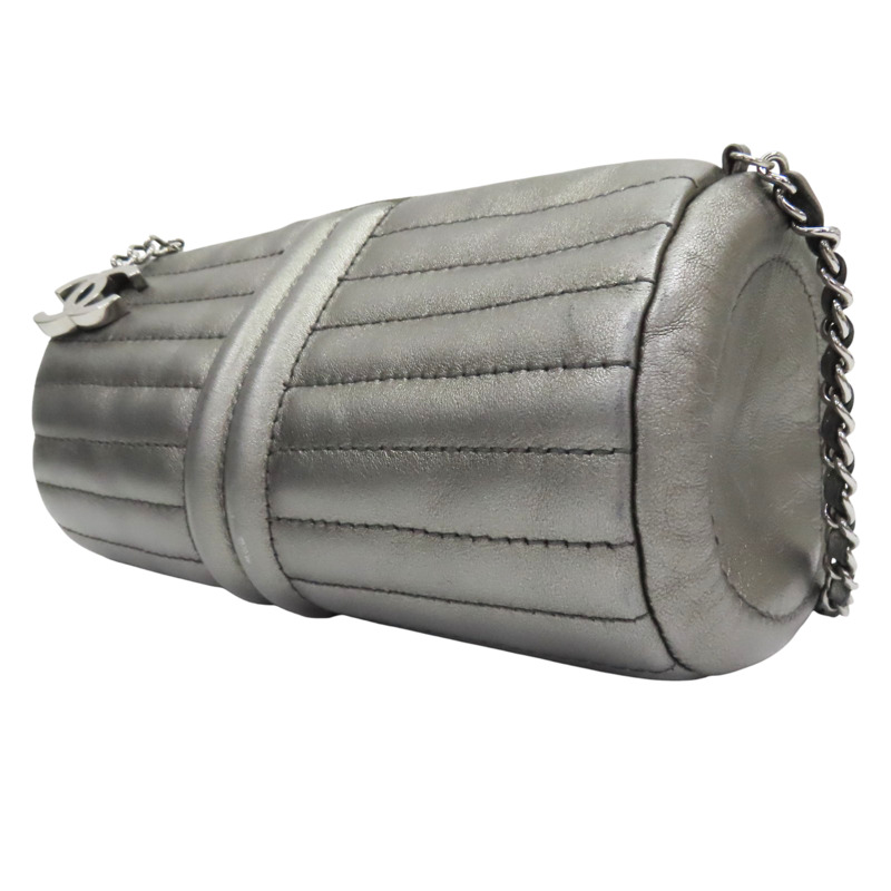 銀灰色 牛皮 圓桶 肩背包 銀釦【CHANEL 香奈兒】-2