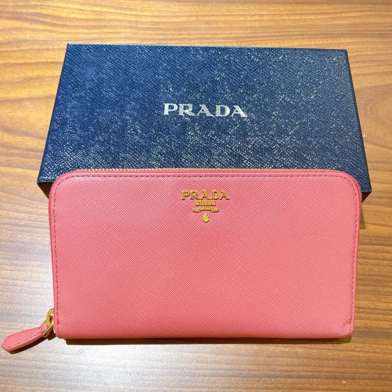 【近新閒置】PRADA桃粉真皮長夾財布 附票卡夾-0