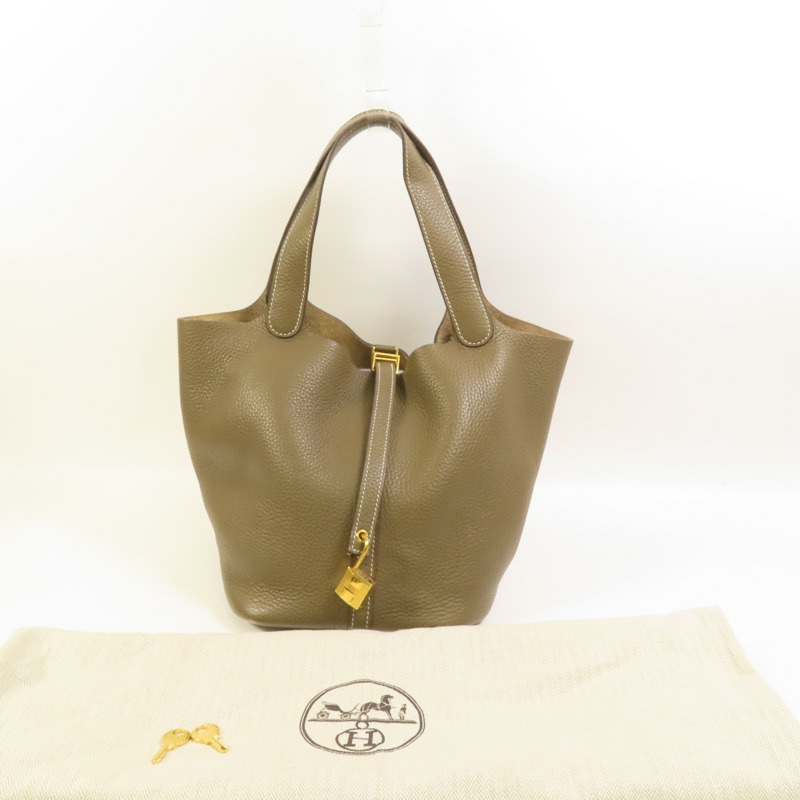 HERMES Clemence皮革Picotin MM金扣手挽袋Etoupe-4