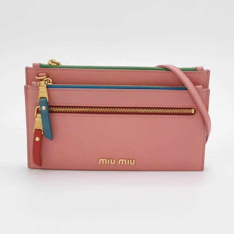 Miu Miu牛皮拼色字母Logo拉鏈子母包斜挎包單肩包-2