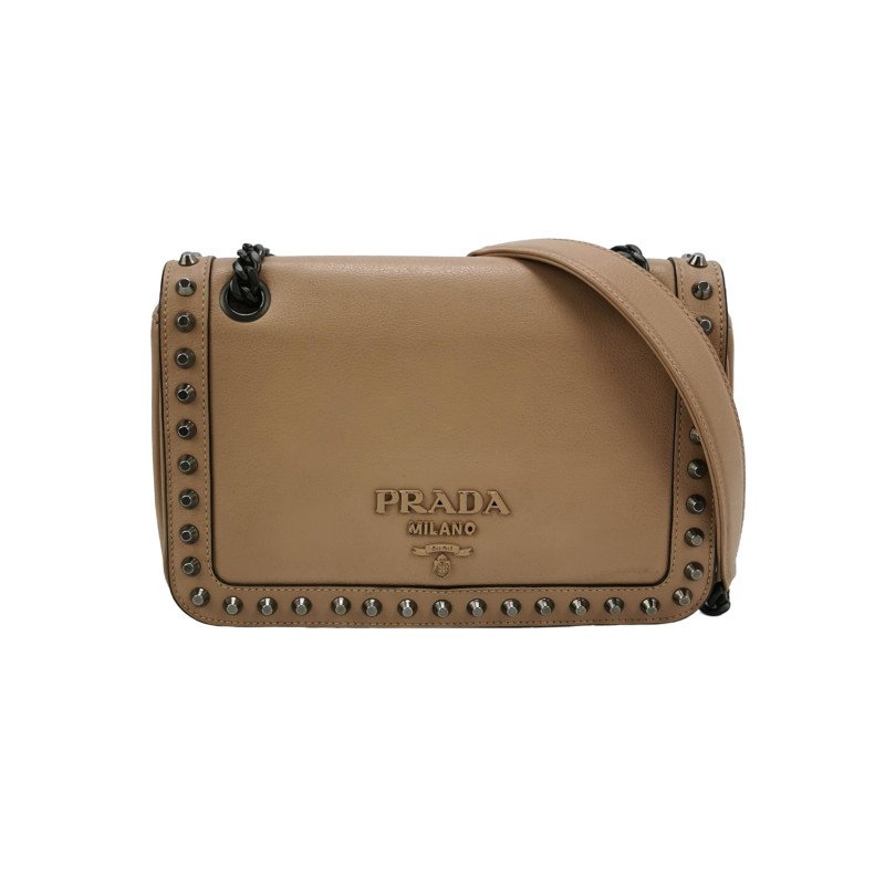 Prada牛皮字母Logo鉚釘裝飾單肩包-0
