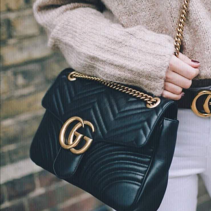 Gucci 女士 黑色GG Marmont系列中號絎縫肩背包均碼碼中號、31cm*7cm*19cm-3