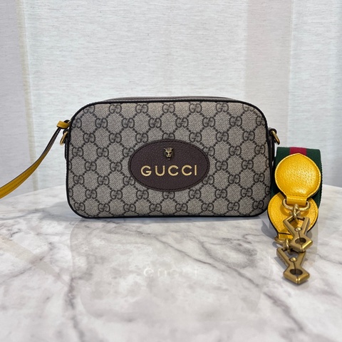 Gucci Pvc咖牛皮霧金釦虎頭斜背相機包