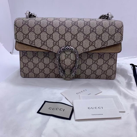 Gucci古馳酒神老花拼駝色麂皮鏈條斜挎包中號