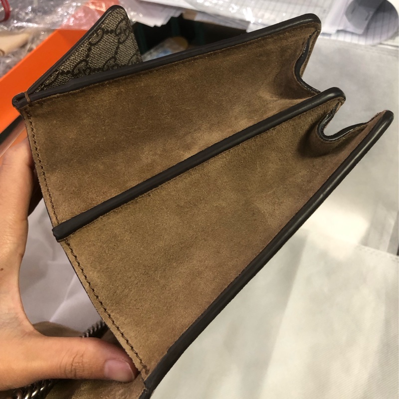 Gucci古馳酒神老花拼駝色麂皮鏈條斜挎包中號-19