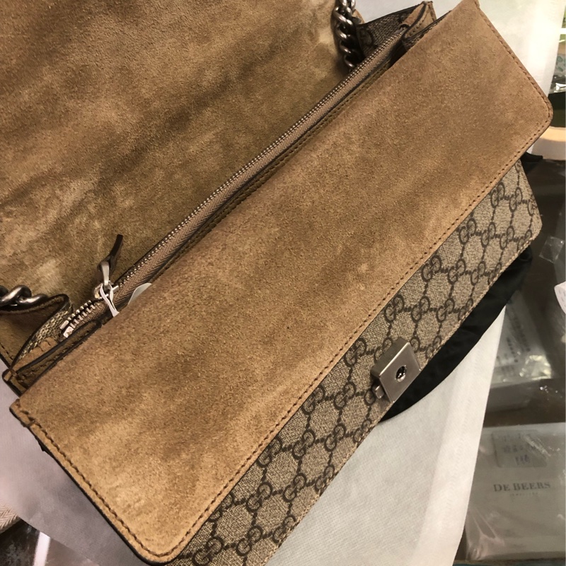 Gucci古馳酒神老花拼駝色麂皮鏈條斜挎包中號-22