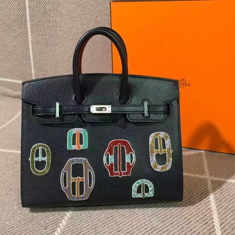 Hermes愛馬仕Birkin20徽章釘珠黑色山羊皮k刻銀扣