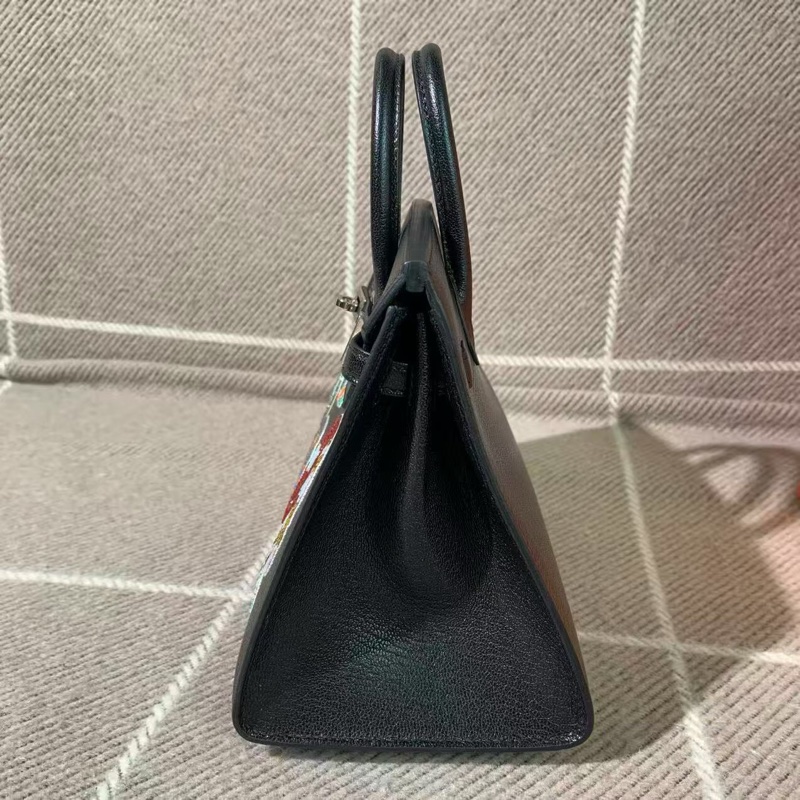 Hermes愛馬仕Birkin20徽章釘珠黑色山羊皮k刻銀扣-3