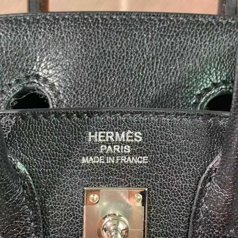 Hermes愛馬仕Birkin20徽章釘珠黑色山羊皮k刻銀扣-7