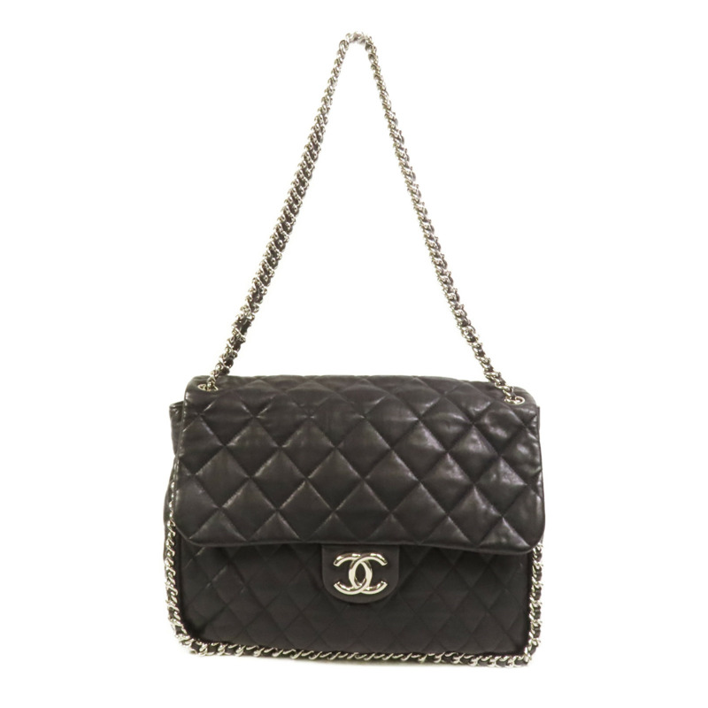 CHANEL 牛皮皮革Chain Shoulder銀扣鏈帶肩背袋-0