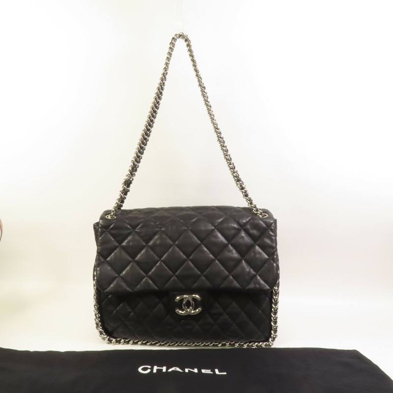 CHANEL 牛皮皮革Chain Shoulder銀扣鏈帶肩背袋-9