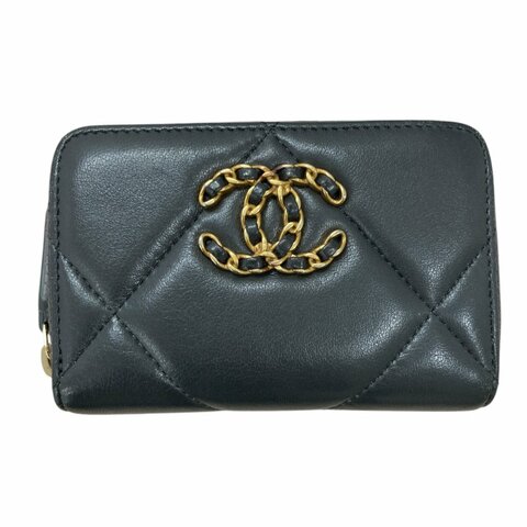 CHANEL 香奈兒 AP0949 19雙C金LOGO 羊皮 拉鍊零錢包 灰色