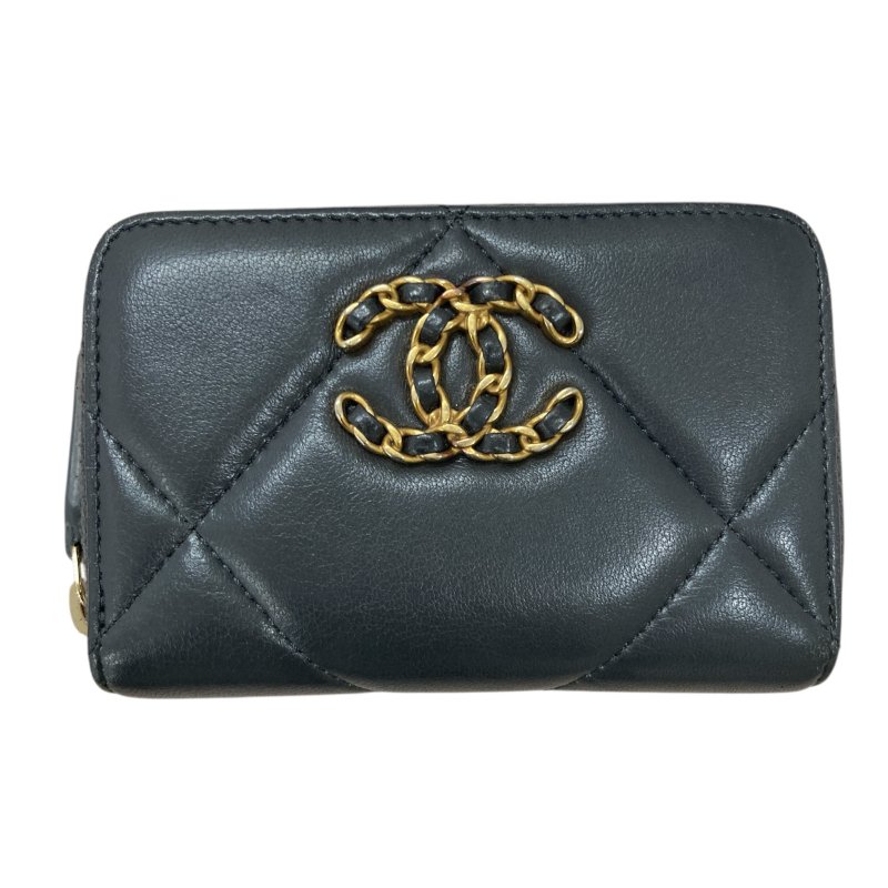 CHANEL 香奈兒 AP0949 19雙C金LOGO 羊皮 拉鍊零錢包 灰色-0