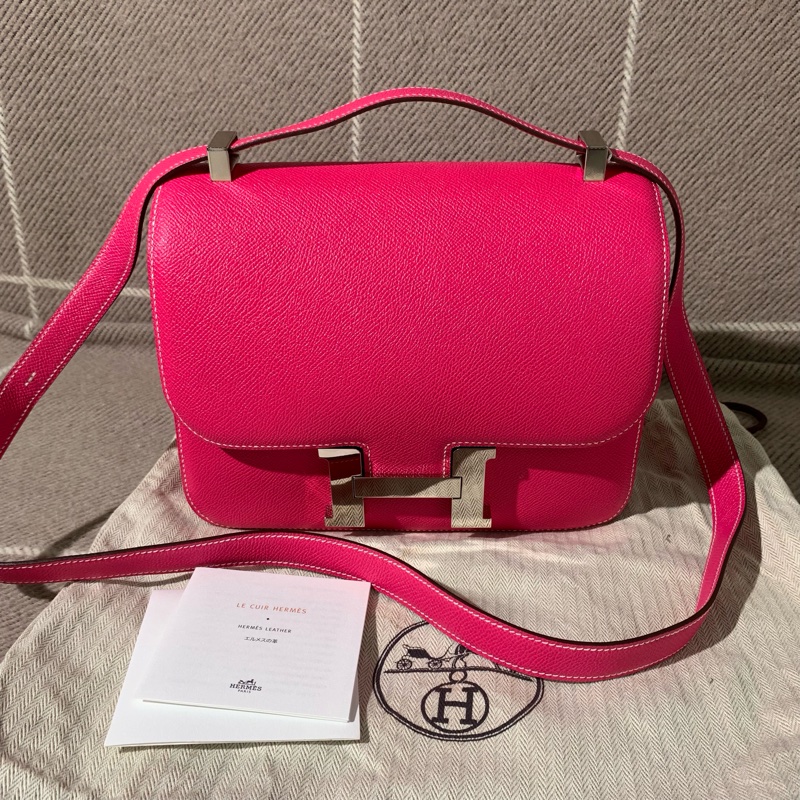 Hermes 愛馬仕 constance23 糖果粉 Epsom 皮銀扣 x 刻，單肩斜跨包 配件塵袋說明書-9