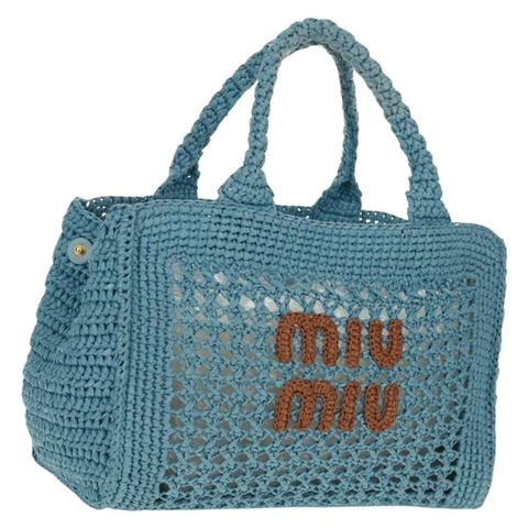 Miu Miu 拉菲草編織手提包 淺藍色 金色 正品 163039V