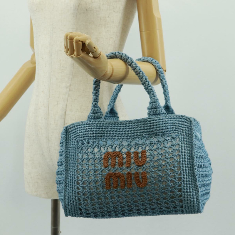 【日本直送】Miu Miu 拉菲草編織手提包 淺藍色 金色 正品 163039V-22
