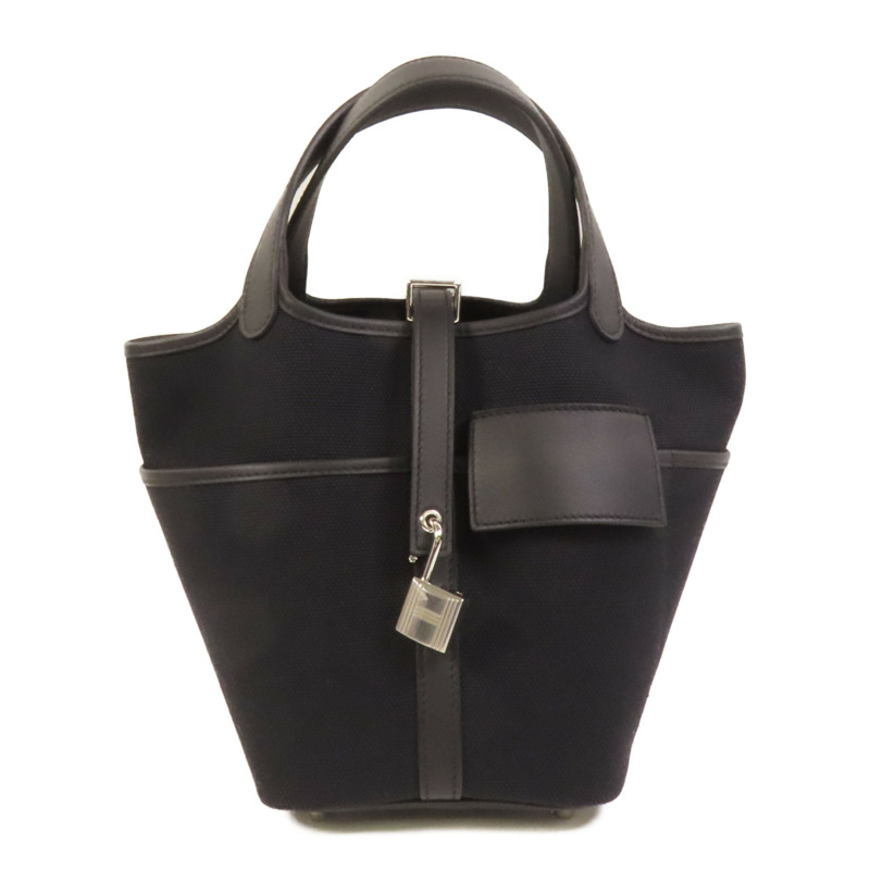 HERMES 帆布Picotin Cago PM銀扣手挽袋Noir-0