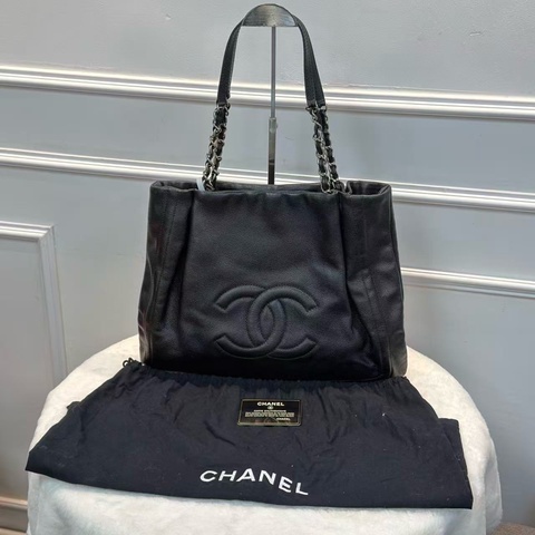 絕版💕CHANEL托特購物袋 黑銀魚子醬tote包