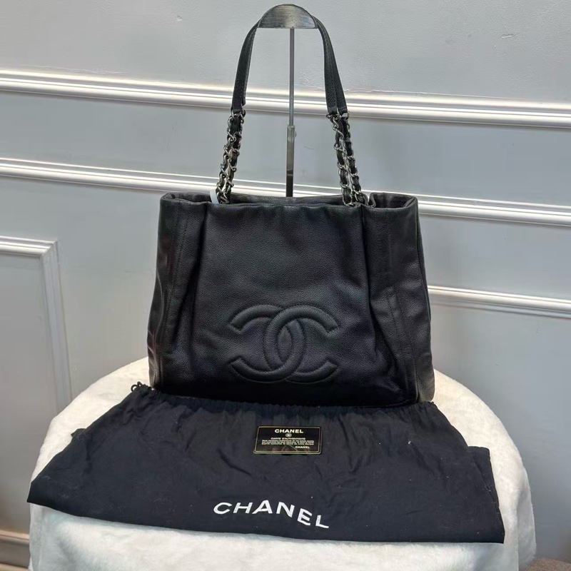 絕版💕CHANEL托特購物袋 黑銀魚子醬tote包-0