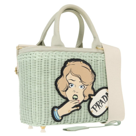 PRADA 藤編手提包 2way Gold Light green Auth ka1577M