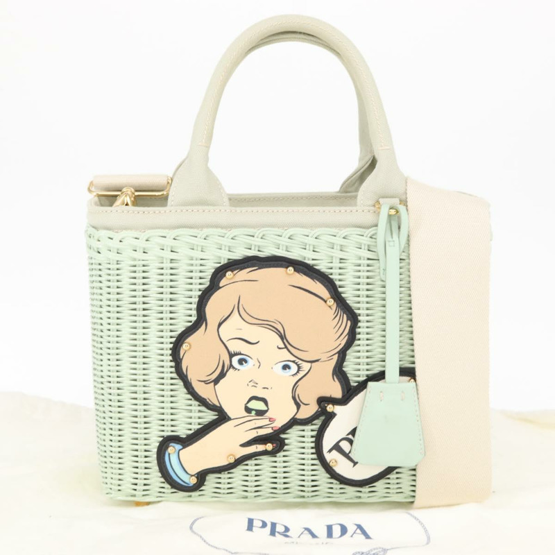 【日本直送】PRADA 藤編手提包 2way Gold Light green Auth ka1577M-11