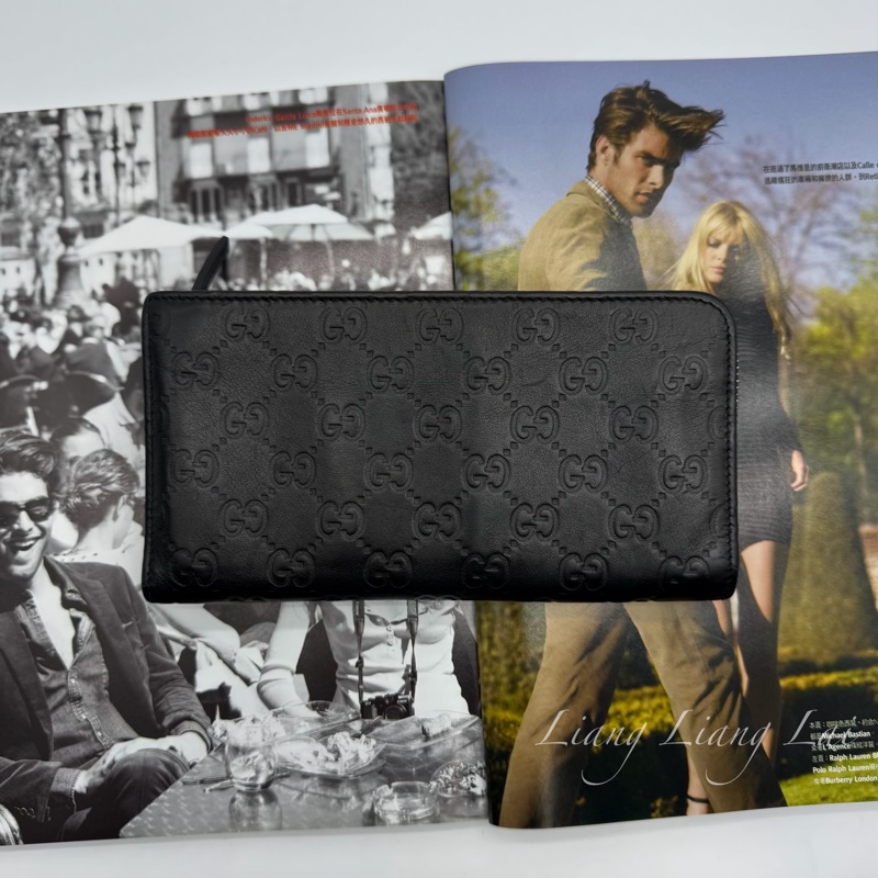 GUCCI 古馳 GG 壓紋半全開拉鍊黑色長夾-1