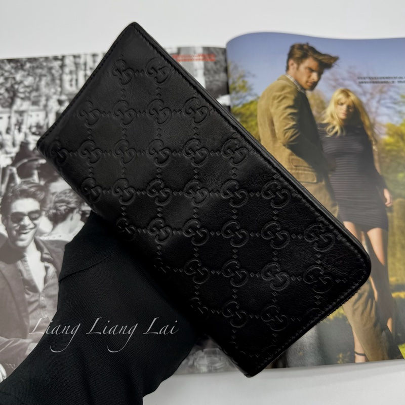 GUCCI 古馳 GG 壓紋半全開拉鍊黑色長夾-11