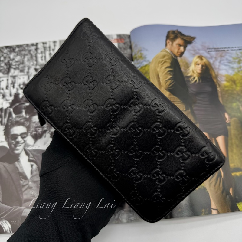 GUCCI 古馳 GG 壓紋半全開拉鍊黑色長夾-12