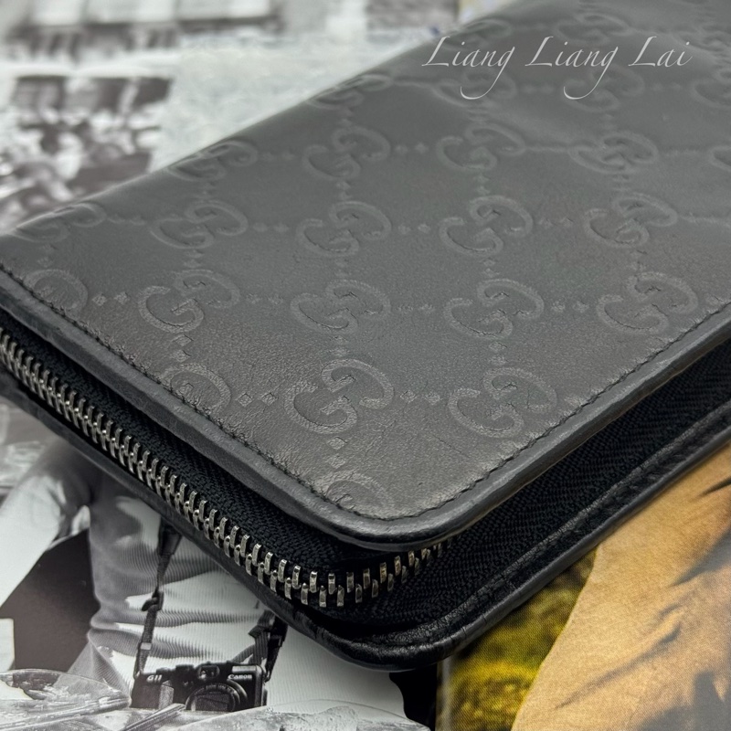 GUCCI 古馳 GG 壓紋半全開拉鍊黑色長夾-18