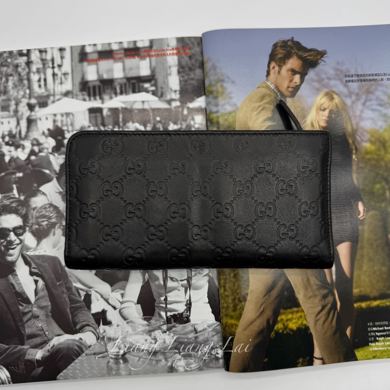 GUCCI 古馳 GG 壓紋半全開拉鍊黑色長夾-24