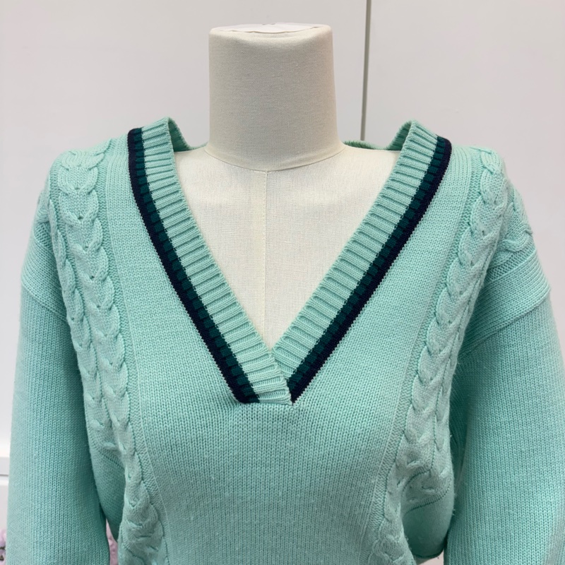 Burberry 薄荷綠絞花V領毛衣 vintage 秋冬 中古-4