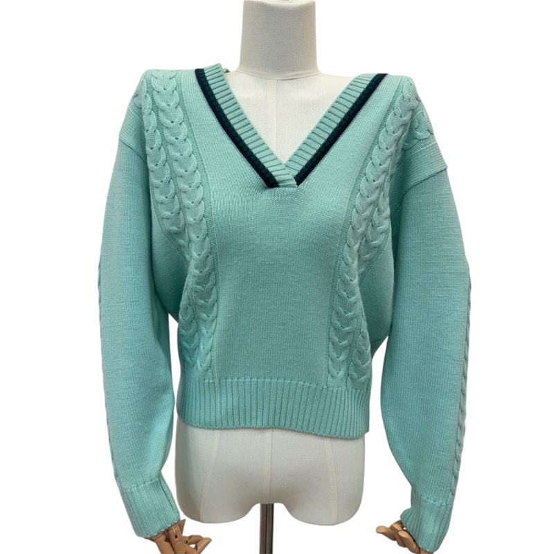 Burberry 薄荷綠絞花V領毛衣 vintage 秋冬 中古-6