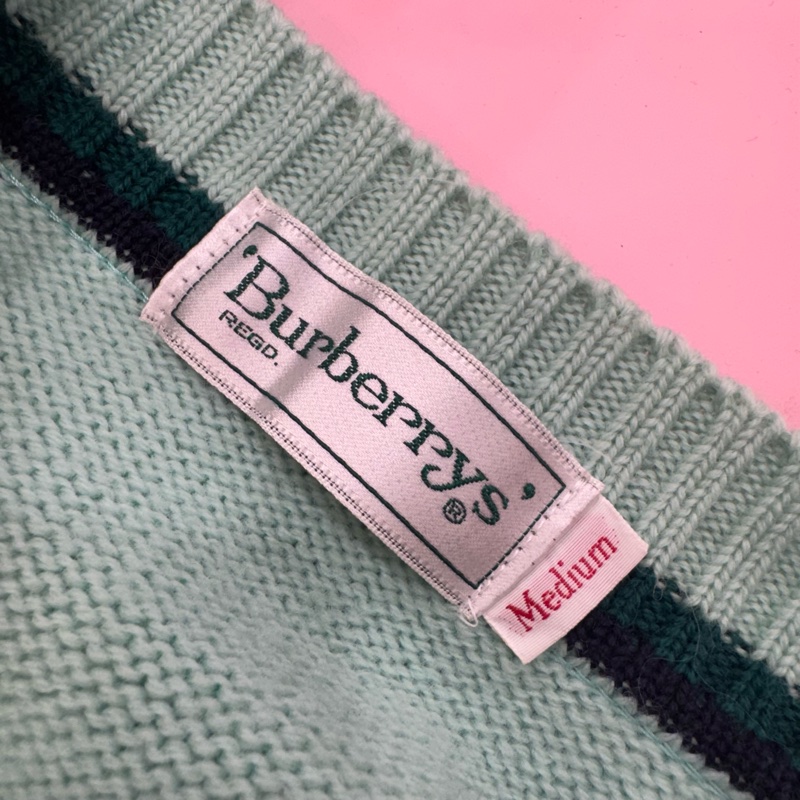 Burberry 薄荷綠絞花V領毛衣 vintage 秋冬 中古-7
