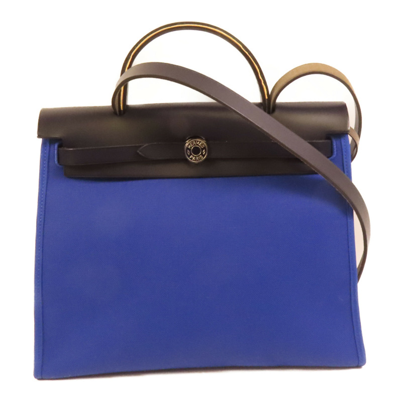 HERMES 帆布Herbag PM銀扣手挽肩背兩用袋Blue Electrique-0