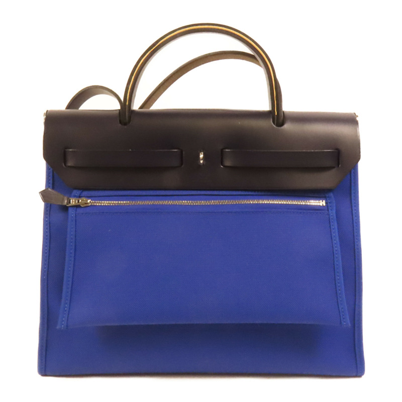 HERMES 帆布Herbag PM銀扣手挽肩背兩用袋Blue Electrique-1