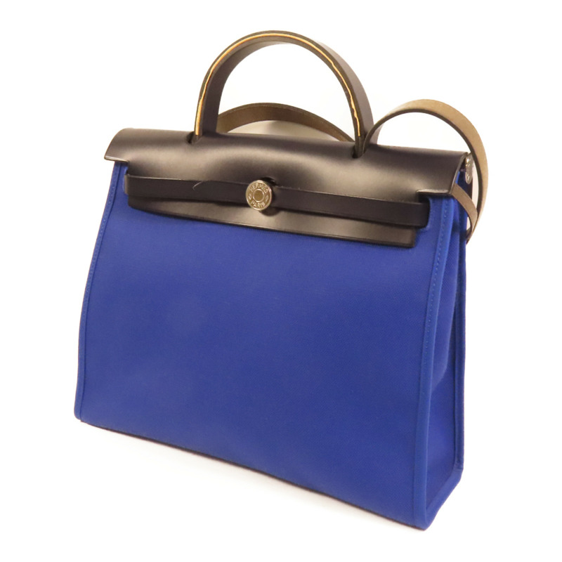 HERMES 帆布Herbag PM銀扣手挽肩背兩用袋Blue Electrique-2