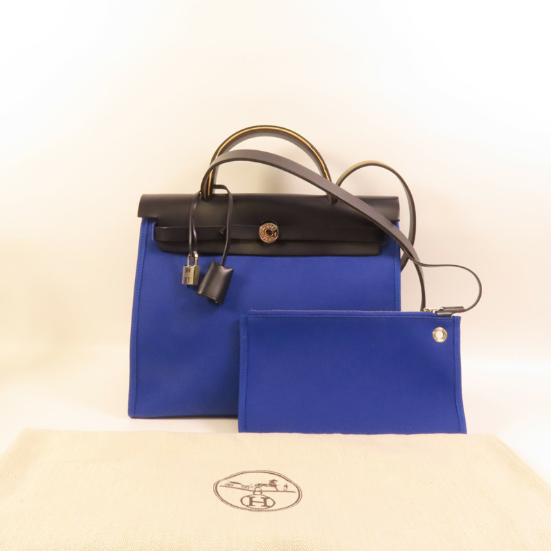 HERMES 帆布Herbag PM銀扣手挽肩背兩用袋Blue Electrique-11