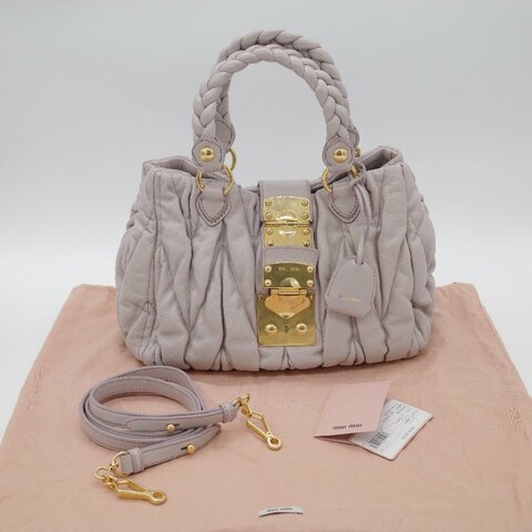 Miu Miu 繆繆 Nappa Matelassé 粉灰色 羊皮 手提 皺褶 斜背 手提 兩用包