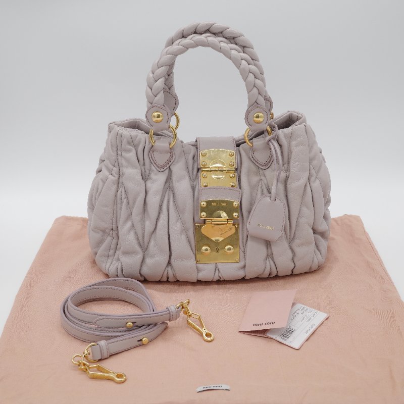 Miu Miu 繆繆 Nappa Matelassé 粉灰色 羊皮 手提 皺褶 斜背 手提 兩用包-0