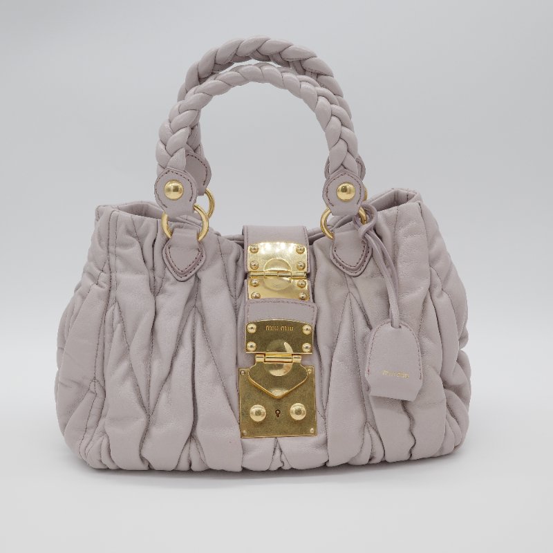 Miu Miu 繆繆 Nappa Matelassé 粉灰色 羊皮 手提 皺褶 斜背 手提 兩用包-1