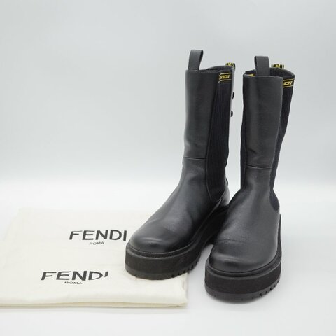 Fendi 芬迪 Rockoko 黑色 牛皮革 彈性織物 拼接 厚底機車靴 EU38