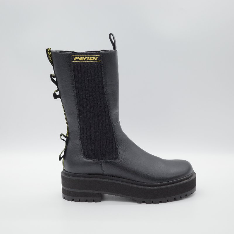 Fendi 芬迪 Rockoko 黑色 牛皮革 彈性織物 拼接 厚底機車靴 EU38-1