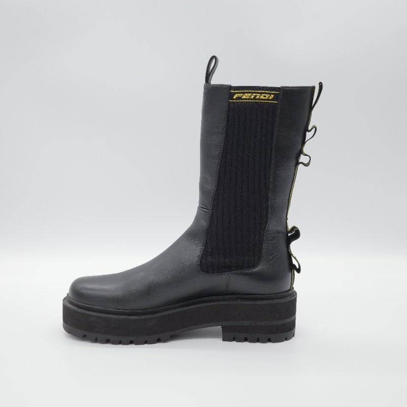 Fendi 芬迪 Rockoko 黑色 牛皮革 彈性織物 拼接 厚底機車靴 EU38-2