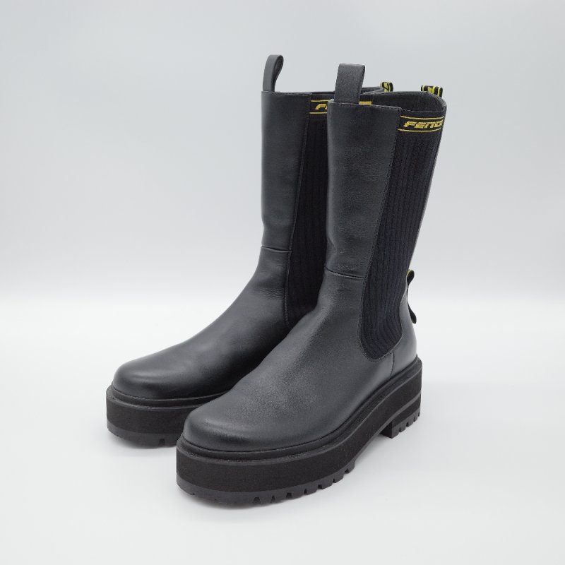 Fendi 芬迪 Rockoko 黑色 牛皮革 彈性織物 拼接 厚底機車靴 EU38-5