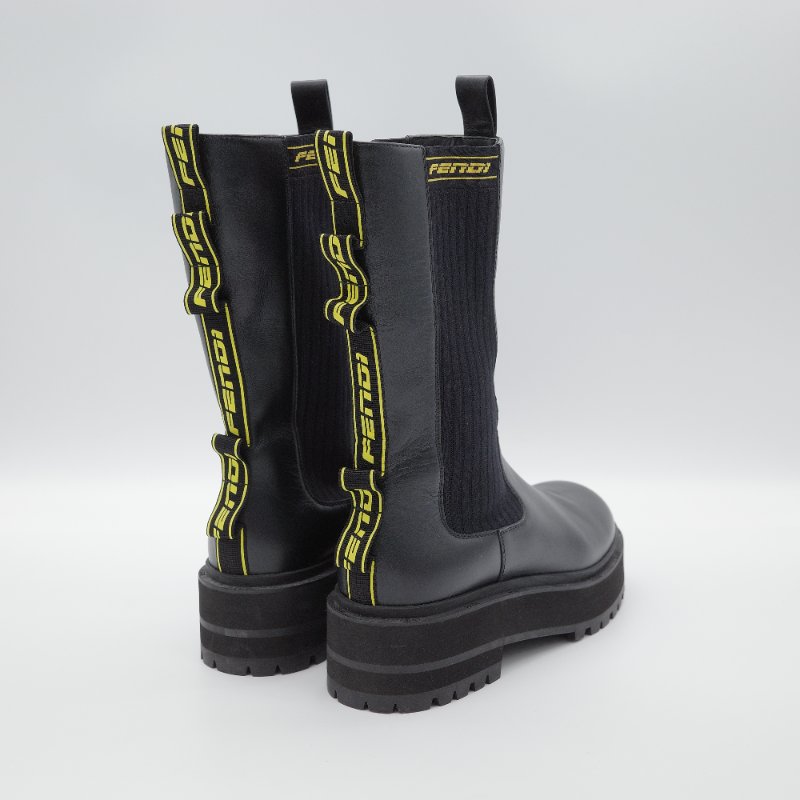 Fendi 芬迪 Rockoko 黑色 牛皮革 彈性織物 拼接 厚底機車靴 EU38-6