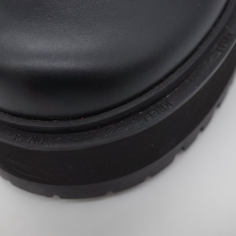 Fendi 芬迪 Rockoko 黑色 牛皮革 彈性織物 拼接 厚底機車靴 EU38-7