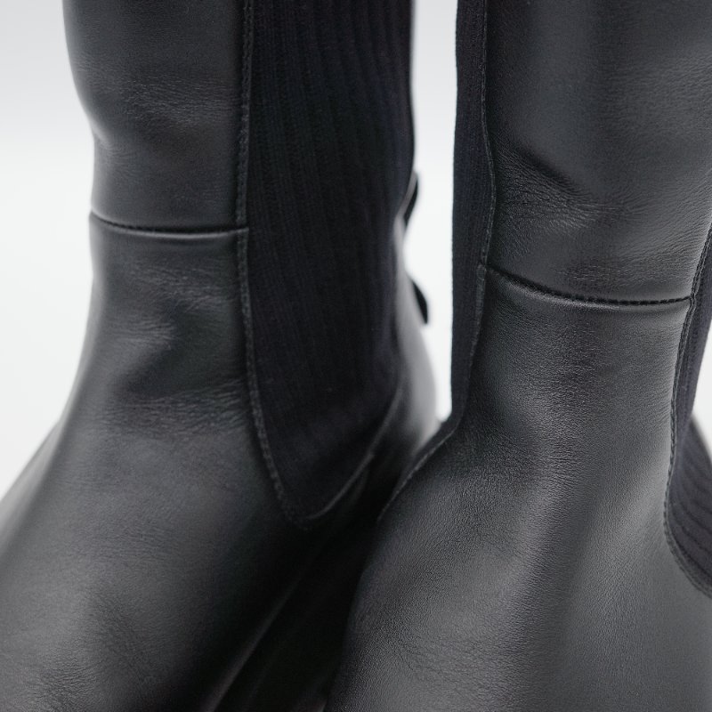 Fendi 芬迪 Rockoko 黑色 牛皮革 彈性織物 拼接 厚底機車靴 EU38-9